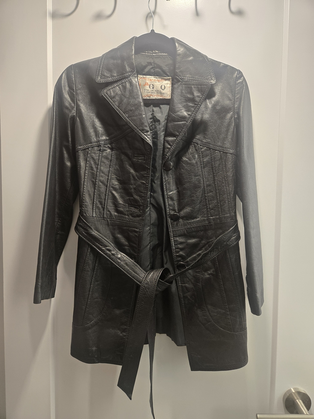 Classic Black Leather Belted Coat Jacket